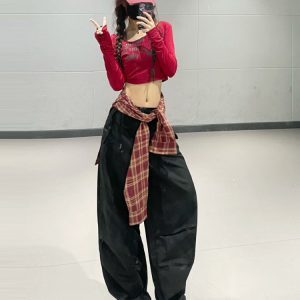 American Retro Wine Red Letter Print Long Sleeve T-Shirt - Women's Jazz Dance INS Style Short Top