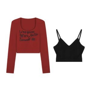 American Retro Wine Red Letter Print Long Sleeve T-Shirt - Women's Jazz Dance INS Style Short Top