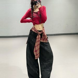 American Retro Wine Red Letter Print Long Sleeve T-Shirt - Women's Jazz Dance INS Style Short Top