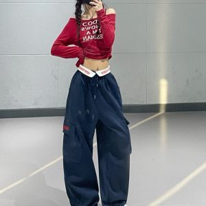 American Retro Women's Jazz Dance Outfit - Wine Red Top & Navy Blue Embroidered Sports Pants, Vintage Style