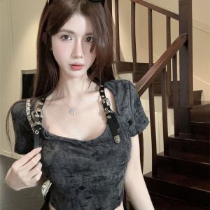 American-Style Apocalyptic Short-Sleeve T-Shirt for K-Pop Girls, Jazz Dance Slim Fit Top