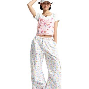 American-Style Colorful Line Printed Work Pants in White - Trendy 90s-Inspired Fashion for Effortless Style
