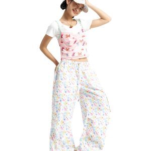 American-Style Colorful Line Printed Work Pants in White - Trendy 90s-Inspired Fashion for Effortless Style