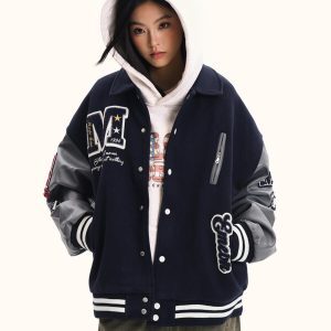 American Style Embroidered Baseball Jacket for Men and Women - Retro Trendy Loose Fit Top Coat