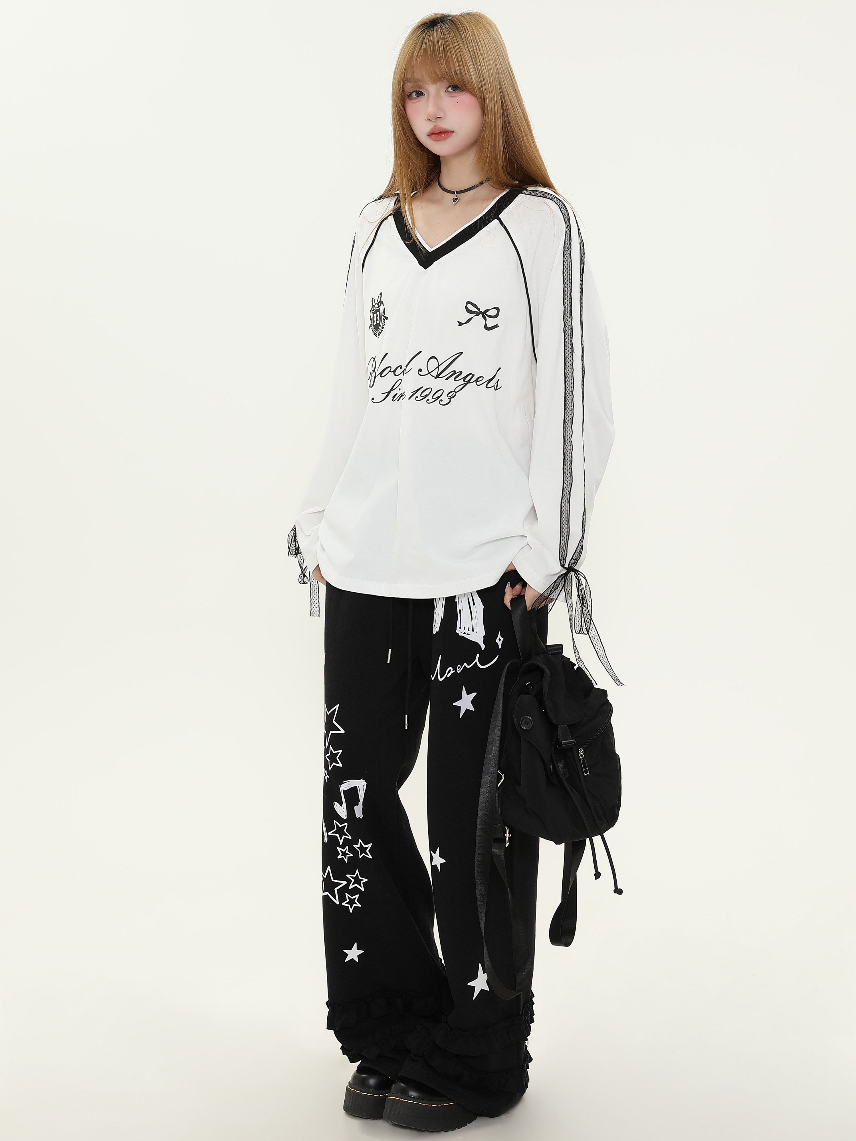 American Style Lace Splicing V-Neck Long Sleeve T-Shirt for Women - Spring 90s Sports Jersey Inspired Fashion Top