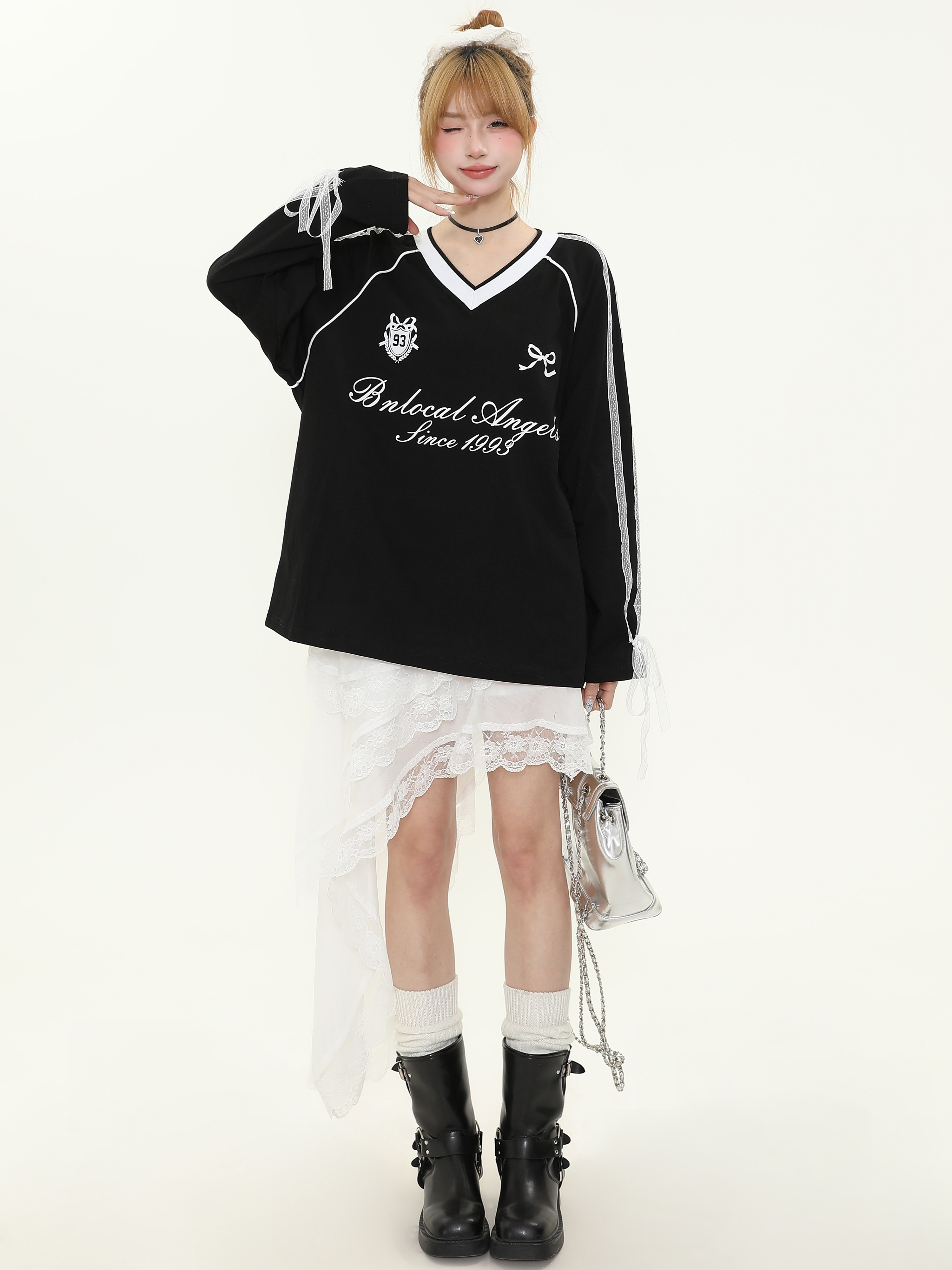 American Style Lace Splicing V-Neck Long Sleeve T-Shirt for Women - Spring 90s Sports Jersey Inspired Fashion Top