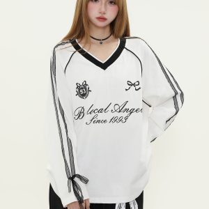American Style Lace Splicing V-Neck Long Sleeve T-Shirt for Women - Spring 90s Sports Jersey Inspired Fashion Top