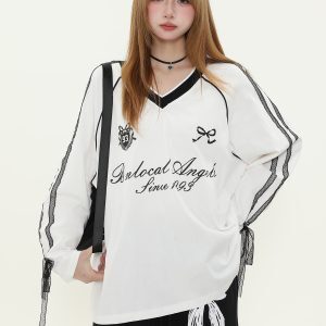 American Style Lace Splicing V-Neck Long Sleeve T-Shirt for Women - Spring 90s Sports Jersey Inspired Fashion Top