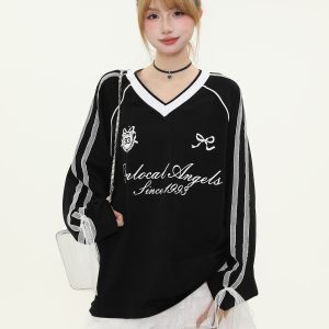 American Style Lace Splicing V-Neck Long Sleeve T-Shirt for Women - Spring 90s Sports Jersey Inspired Fashion Top