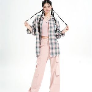 American Style Pleated Mixed-Color Checkered Shirt Jacket - Casual Long Sleeve Sun Protection Top for Versatile Outfits