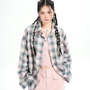 American Style Pleated Mixed-Color Checkered Shirt Jacket - Casual Long Sleeve Sun Protection Top for Versatile Outfits