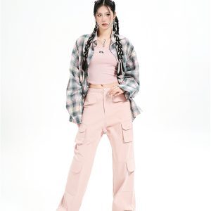 American Style Pleated Mixed-Color Checkered Shirt Jacket - Casual Long Sleeve Sun Protection Top for Versatile Outfits