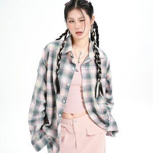 American Style Pleated Mixed-Color Checkered Shirt Jacket - Casual Long Sleeve Sun Protection Top for Versatile Outfits