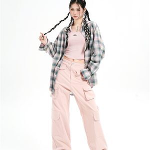 American Style Pleated Mixed-Color Checkered Shirt Jacket - Casual Long Sleeve Sun Protection Top for Versatile Outfits