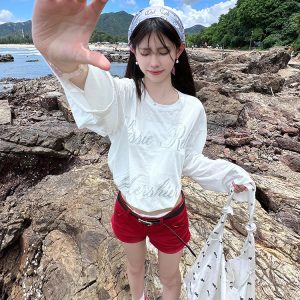 American Style Rhinestone Printed Long Sleeve T-Shirt for Women - Loose Fit Summer Sun-Protective Layer Top