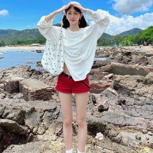 American Style Rhinestone Printed Long Sleeve T-Shirt for Women - Loose Fit Summer Sun-Protective Layer Top