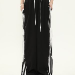 American-Style Spicy Girl Bow Tie Lace Striped Casual Wide-Leg Pants for Women - Loose Slim Fit, Trendy Y2K Fashion