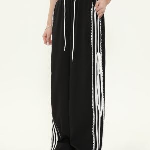 American-Style Spicy Girl Bow Tie Lace Striped Casual Wide-Leg Pants for Women - Loose Slim Fit, Trendy Y2K Fashion