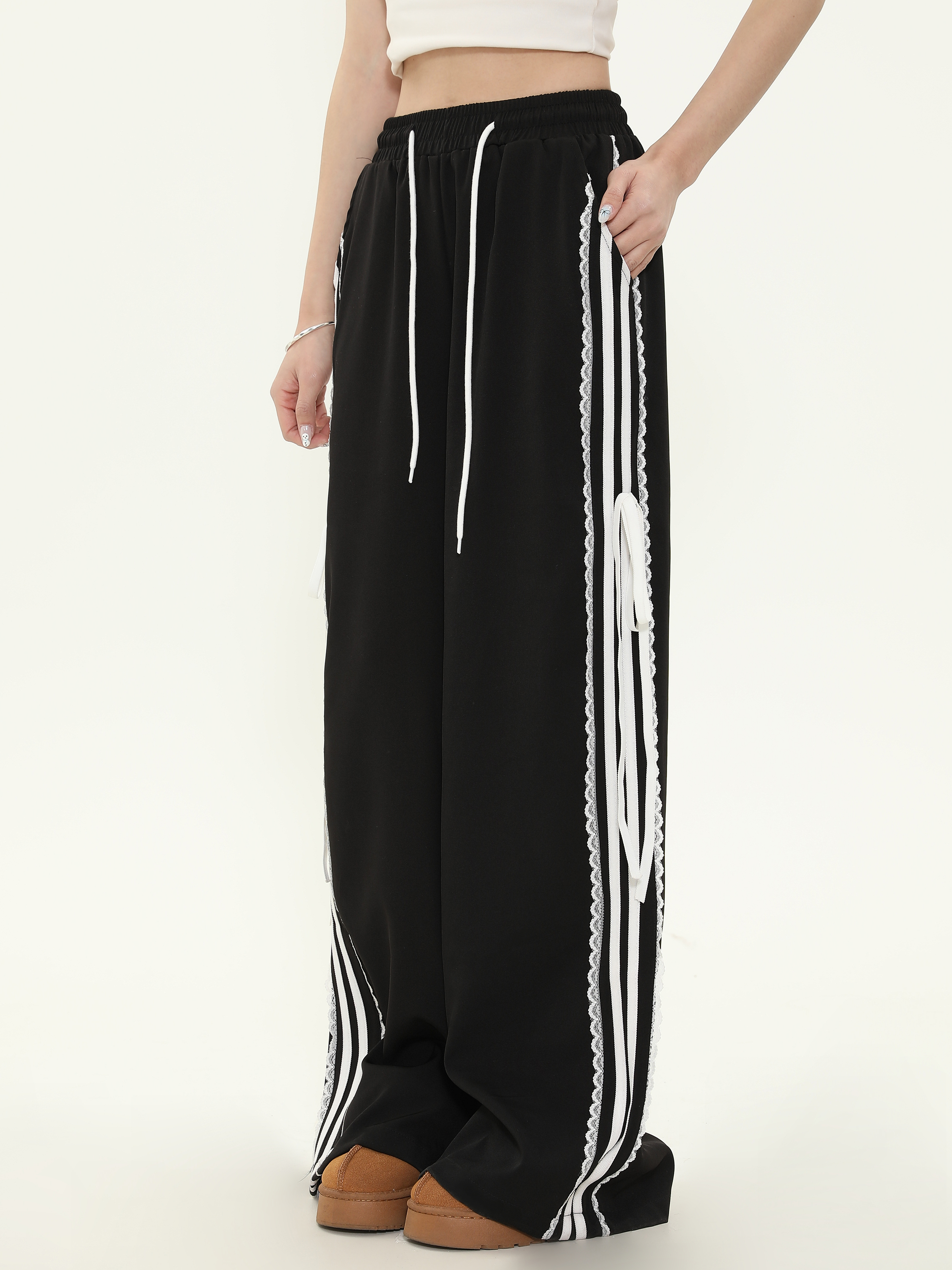 American-Style Spicy Girl Bow Tie Lace Striped Casual Wide-Leg Pants for Women - Loose Slim Fit, Trendy Y2K Fashion