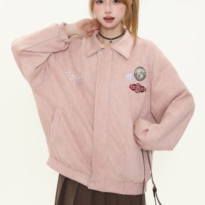 American Vintage Badge Embroidered Lapel Baseball Jacket for Women - Spring Oversized Couple Style