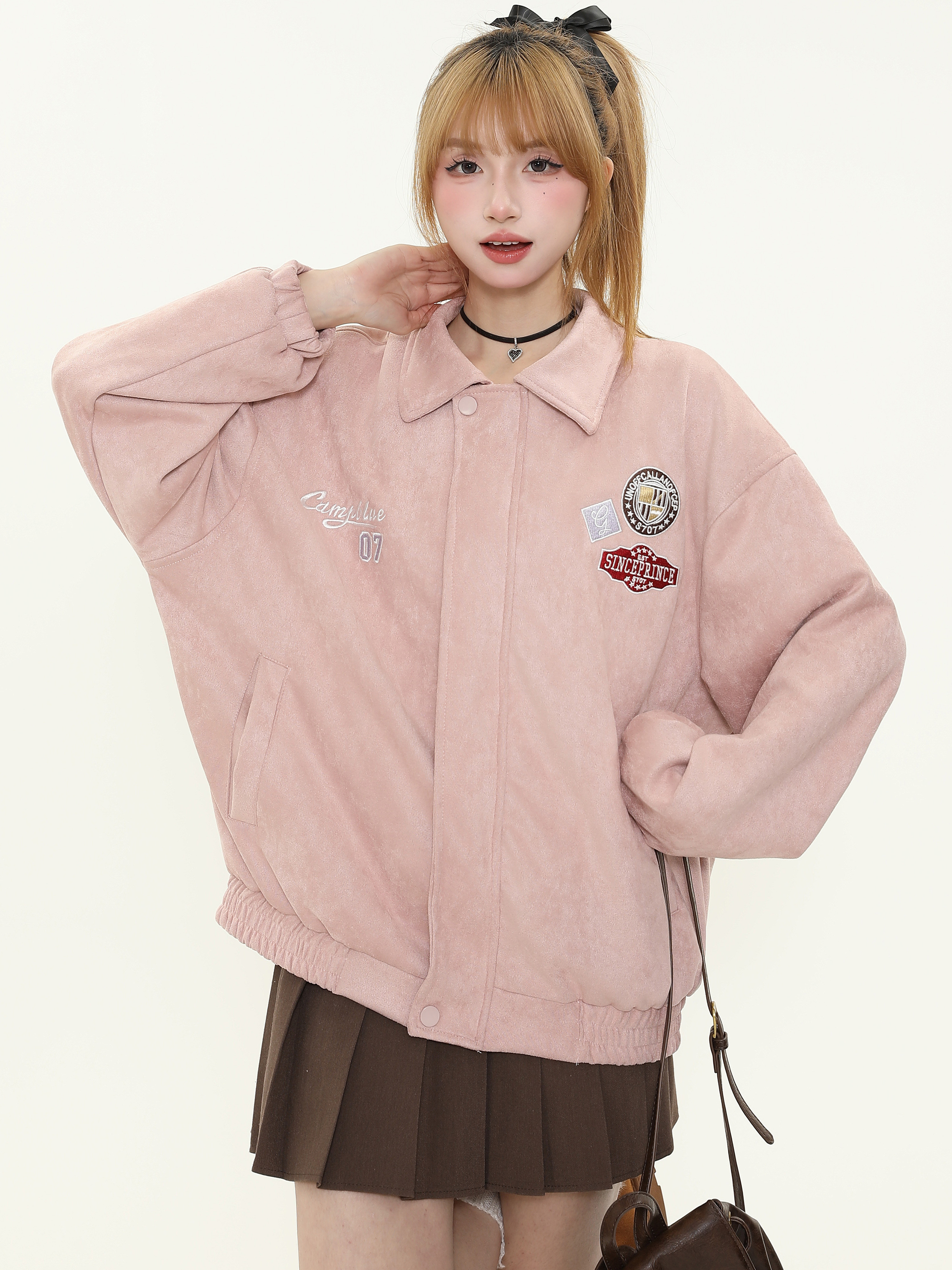 American Vintage Badge Embroidered Lapel Baseball Jacket for Women - Spring Oversized Couple Style