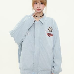 American Vintage Badge Embroidered Lapel Baseball Jacket for Women - Spring Oversized Couple Style