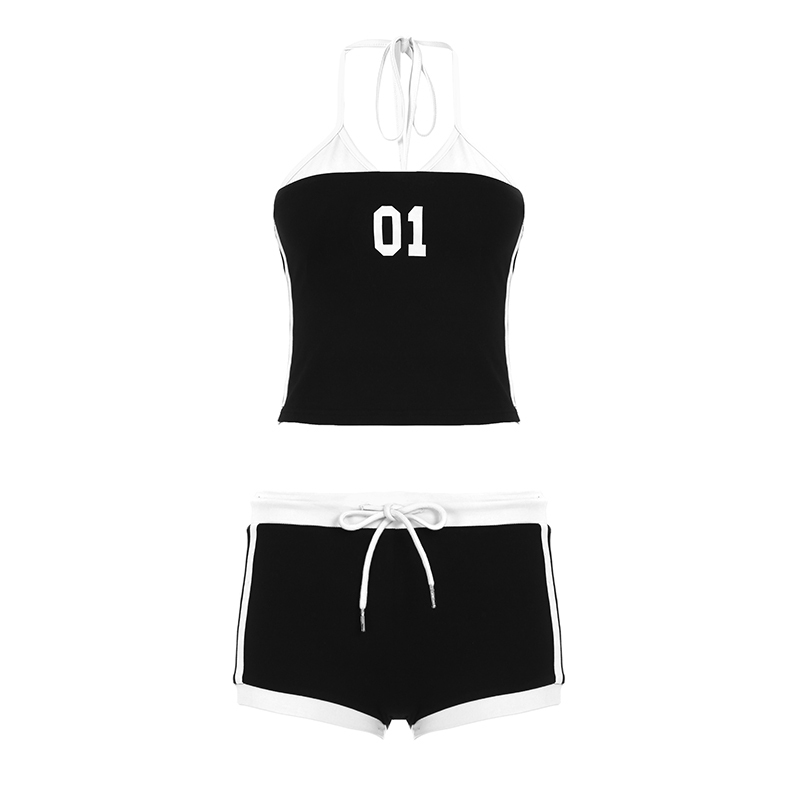 American Vintage Digital Print Color Block Casual Set - Women's Faux Two-Piece Halter Top and Shorts, Y2K Inspired Fashion