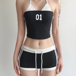 American Vintage Digital Print Color Block Casual Set - Women's Faux Two-Piece Halter Top and Shorts, Y2K Inspired Fashion