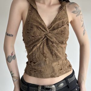 American Vintage Distressed Hooded Vest for Women - Brown Slim-Fit Backless Short Top, Versatile Y2K Style