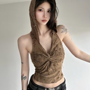 American Vintage Distressed Hooded Vest for Women - Brown Slim-Fit Backless Short Top, Versatile Y2K Style
