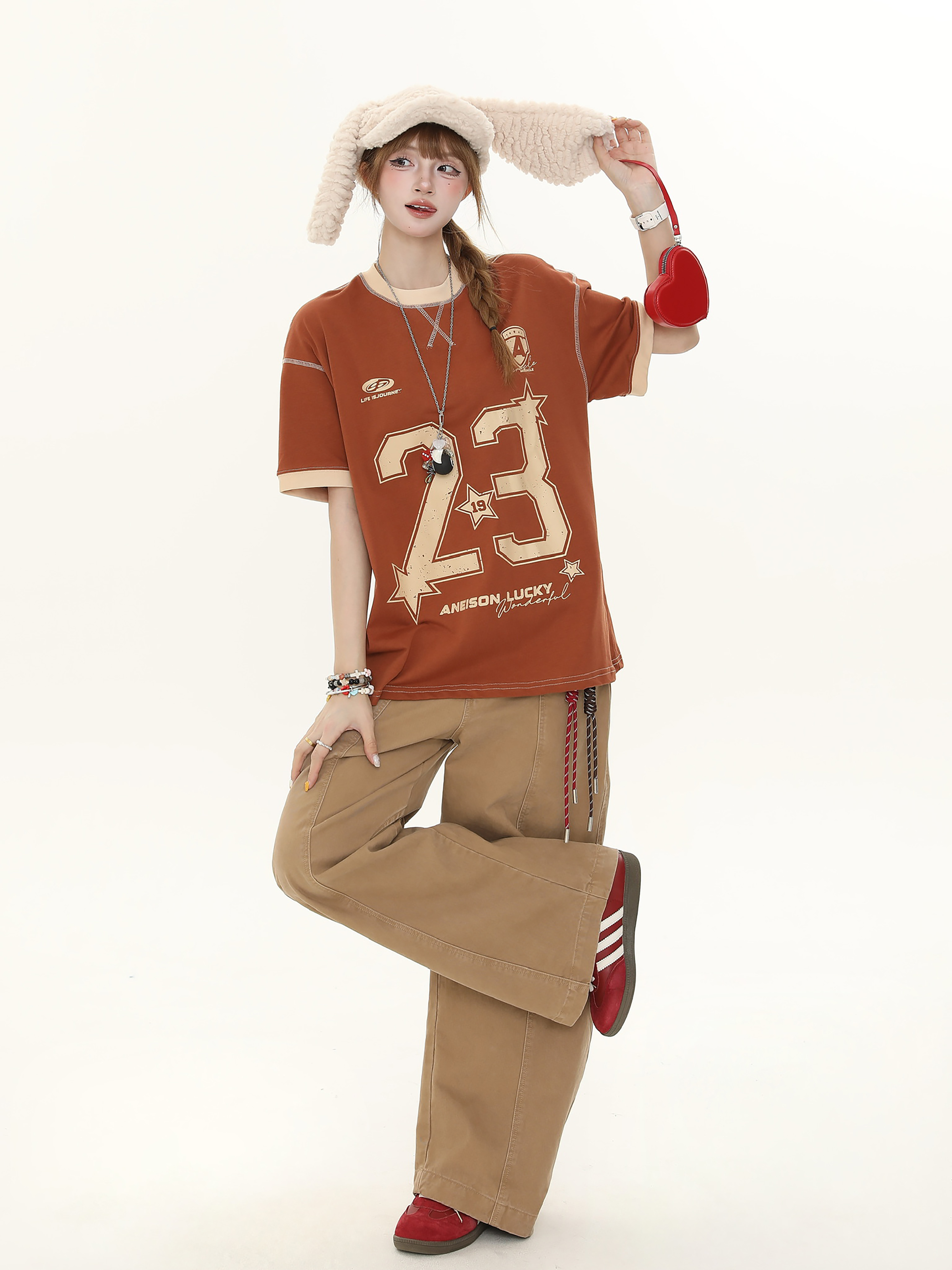American Vintage Distressed Letter Print Short Sleeve T-Shirt for Women - Casual Loose Fit Summer Top, Y2K Style