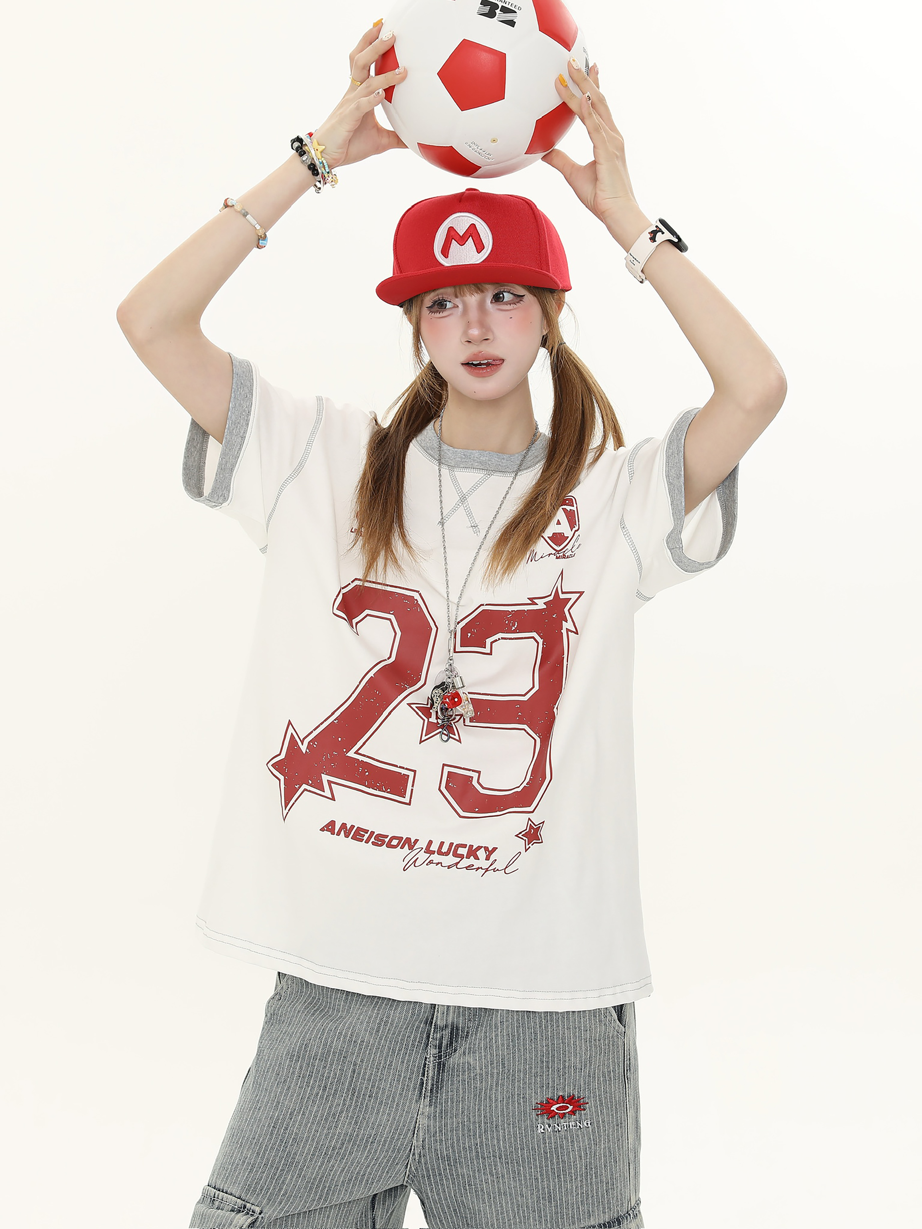 American Vintage Distressed Letter Print Short Sleeve T-Shirt for Women - Casual Loose Fit Summer Top, Y2K Style
