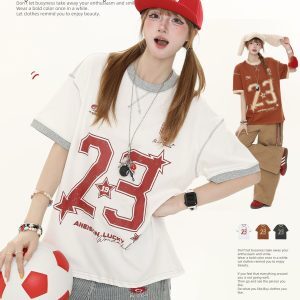 American Vintage Distressed Letter Print Short Sleeve T-Shirt for Women - Casual Loose Fit Summer Top, Y2K Style