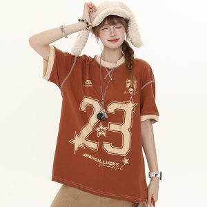 American Vintage Distressed Letter Print Short Sleeve T-Shirt for Women - Casual Loose Fit Summer Top, Y2K Style