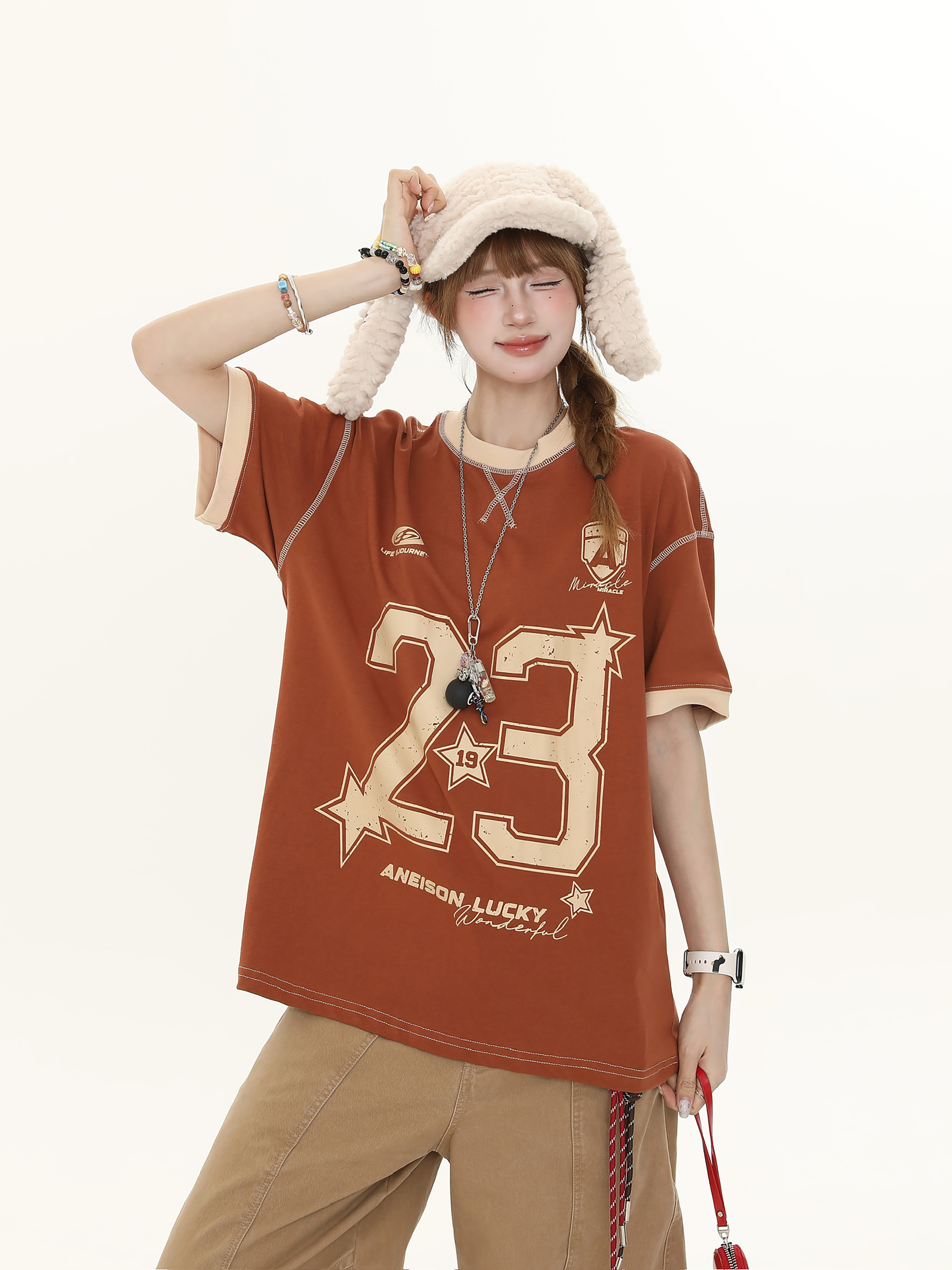 American Vintage Distressed Letter Print Short Sleeve T-Shirt for Women - Casual Loose Fit Summer Top, Y2K Style