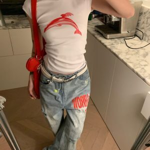 American Vintage Dolphin Round Neck T-Shirt for Women, Slim Fit, Tight-Fitting, Versatile Summer Short Sleeve Top, Y2K Style