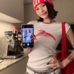 American Vintage Dolphin Round Neck T-Shirt for Women, Slim Fit, Tight-Fitting, Versatile Summer Short Sleeve Top, Y2K Style