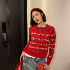 American Vintage Fair Isle Dog Knitted Cardigan Sweater for Women - Casual 2025 Spring Lazy Style Knit Coat