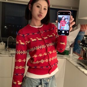 American Vintage Fair Isle Dog Knitted Cardigan Sweater for Women - Casual 2025 Spring Lazy Style Knit Coat