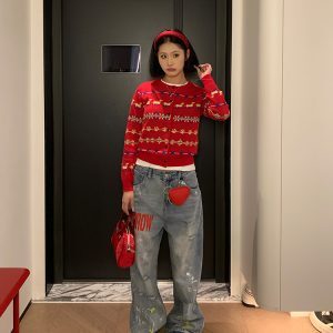 American Vintage Fair Isle Dog Knitted Cardigan Sweater for Women - Casual 2025 Spring Lazy Style Knit Coat