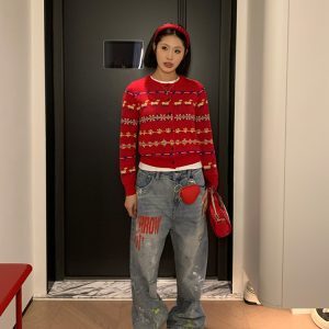 American Vintage Fair Isle Dog Knitted Cardigan Sweater for Women - Casual 2025 Spring Lazy Style Knit Coat