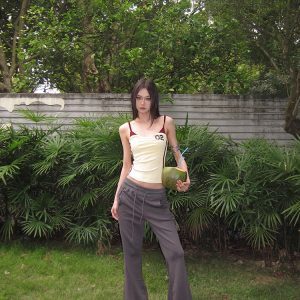 American Vintage Gray Flared Sweatpants for Women - Slim Fit Casual Drawstring Pants for Summer Sports and Everyday Wear