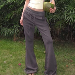American Vintage Gray Flared Sweatpants for Women - Slim Fit Casual Drawstring Pants for Summer Sports and Everyday Wear