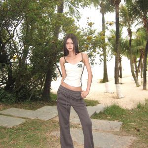 American Vintage Gray Flared Sweatpants for Women - Slim Fit Casual Drawstring Pants for Summer Sports and Everyday Wear