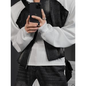 American Vintage High Street Denim Spliced Jacket Set with Loose Straight Leg Pants - 2024 Autumn Fashion