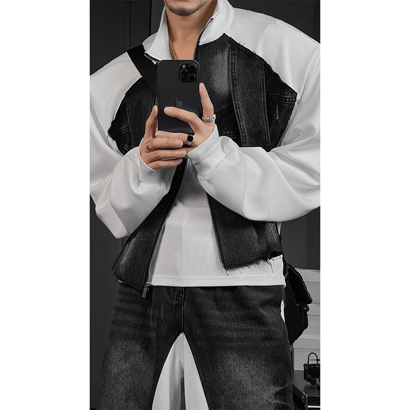 American Vintage High Street Denim Spliced Jacket Set with Loose Straight Leg Pants - 2024 Autumn Fashion
