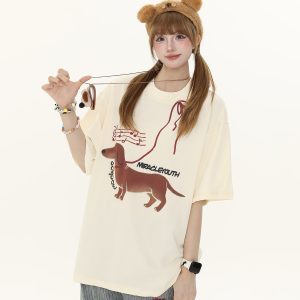 American Vintage Hot Dog Print Short Sleeve T-Shirt for Women - Summer Loose Casual Round Neck Tee - Y2K Style