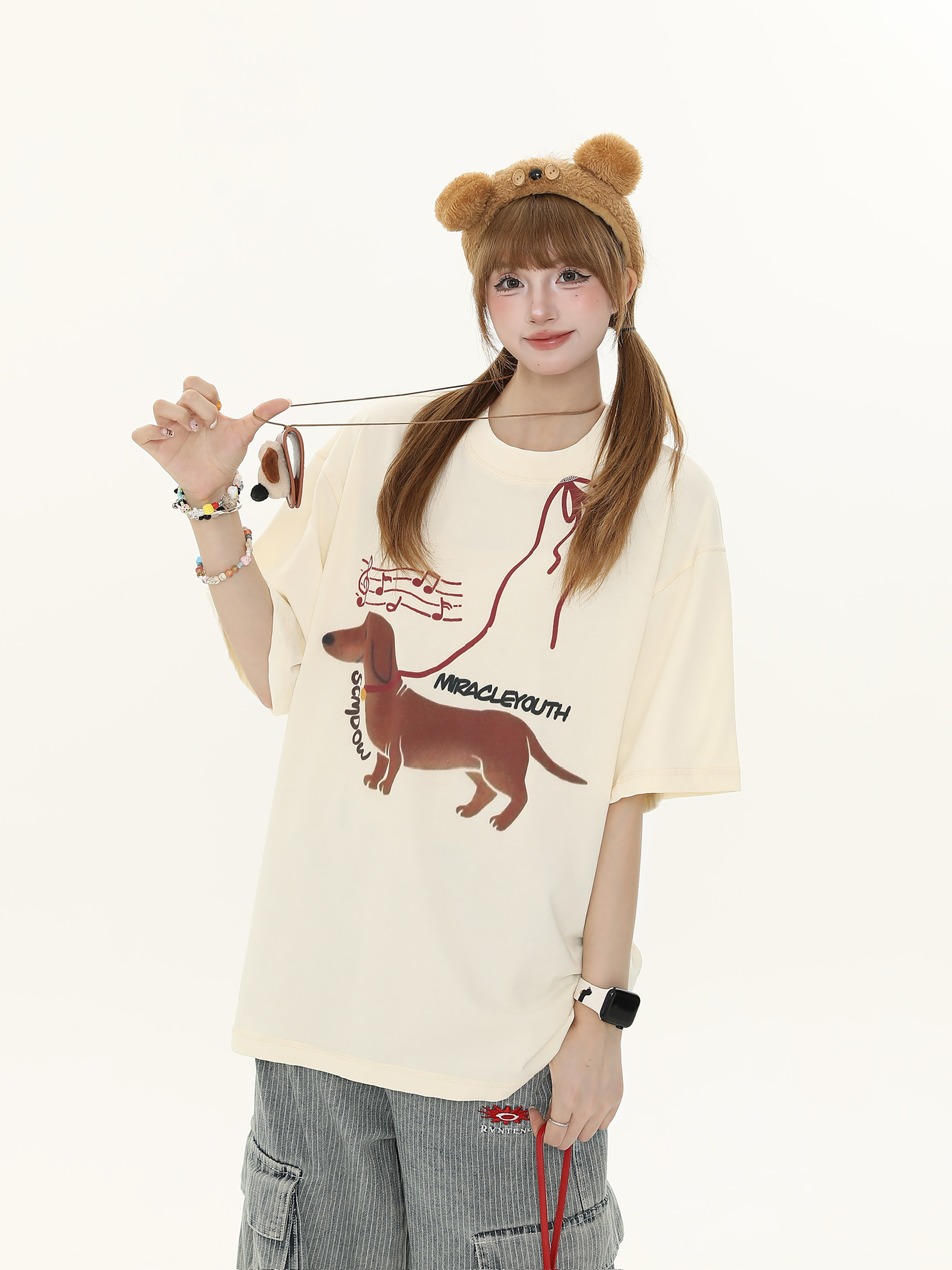 American Vintage Hot Dog Print Short Sleeve T-Shirt for Women - Summer Loose Casual Round Neck Tee - Y2K Style