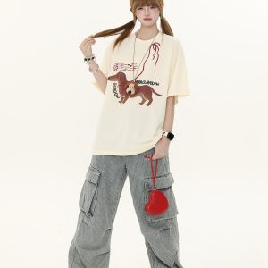 American Vintage Hot Dog Print Short Sleeve T-Shirt for Women - Summer Loose Casual Round Neck Tee - Y2K Style