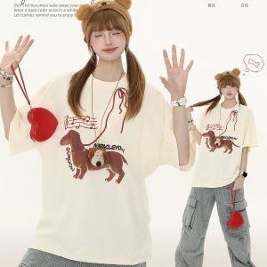 American Vintage Hot Dog Print Short Sleeve T-Shirt for Women - Summer Loose Casual Round Neck Tee - Y2K Style